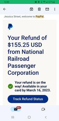 Partial refund of train ticket