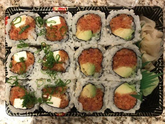 Rock and Roll on the left and Spicy Tuna with avocado on the right.  So delish.