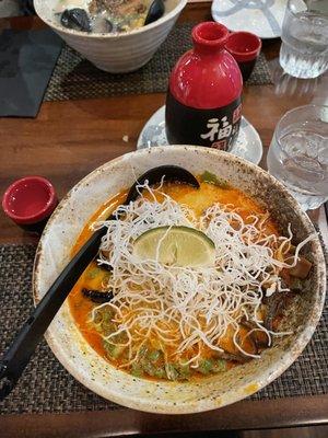 Vegan curry ramen & hot sake; background: vegetarian ramen