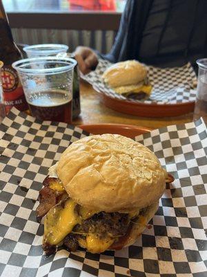 Texas Burger (front) and the Breakfast Burger (back) - both juicy and flavorful!