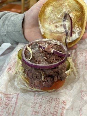 "Barnstormer" - - roast beef with red onion, lettuce, tomato, pickles, miracle whip light