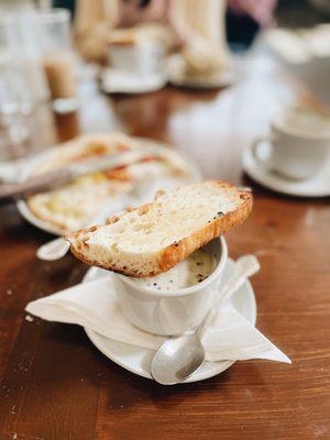 Side order of the cream red potato soup w/ baguette.