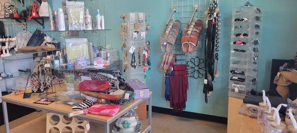 We carry jewelry, sunglasses, and some beauty products.