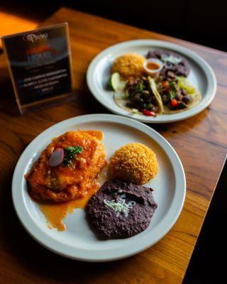 chile relleno plate with rice and beans and the taco special