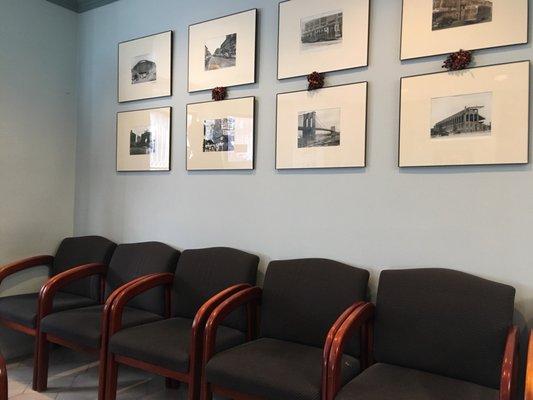 Spacious waiting room with cool historical photographs of Brooklyn landmarks.