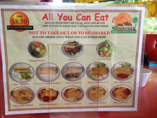 Other side of the all you can eat menu