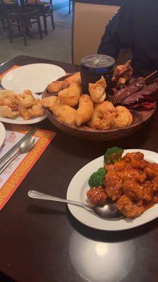 Pu Pu Platter, Orange Flavored Chicken,Crab Rangoon