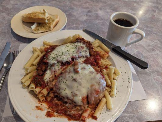 Chicken Parm with garlic toast.