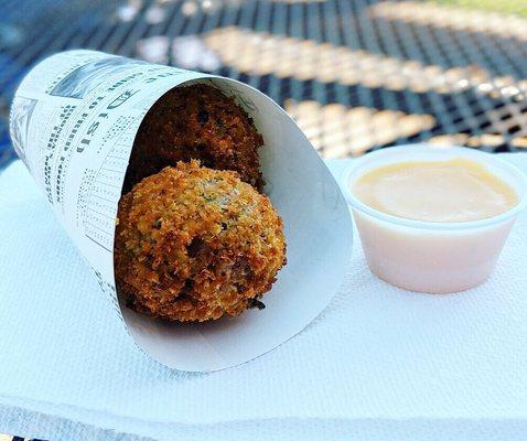 Boudin balls & peach habanero muscadine sauce