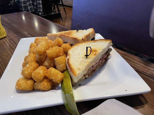 Mushroom Swiss Burger with Tots