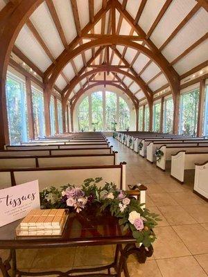 The chapel with our florals (colors were blue & purple)