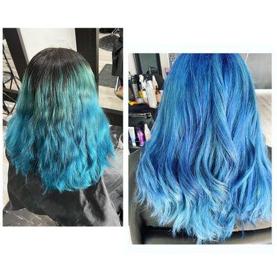 2 day process. Color Correction/ Blue Hair