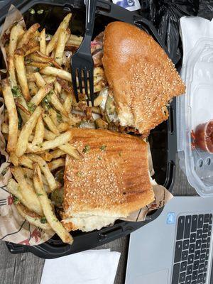 Corktown BBQ Beef sandwich w/ garlic cilantro fries