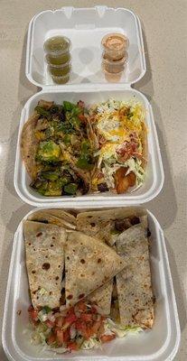 Fish tacos and arrachera quesadilla