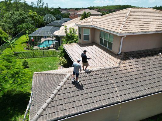 The guys hard at work cleaning this dirty roof in Cape Coral.