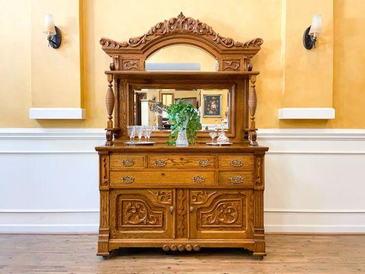 Antique Oak Large Ornate Mirror Back Sideboard American C.1900.