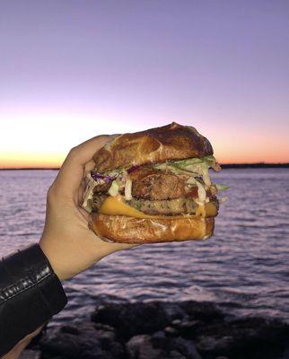 Rex burger: black bean patty topped with bbq jackfruit