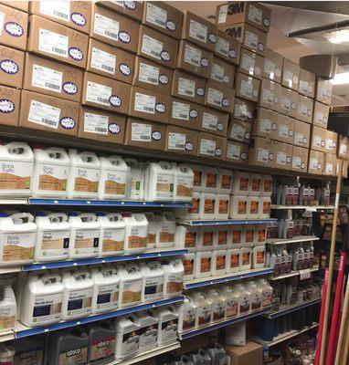 Full line of Bona waterbase finish,Rubio Monocoat,Woca oils & Odies oil. Lots of 3M & Norton abrasives.