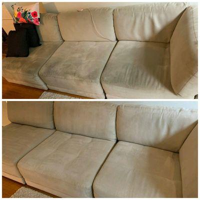 Microfiber sectional sofa deep cleaning in Kips Bay, NYC.