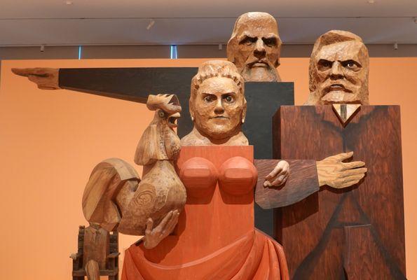 Marisol; John, Washington and Emily Roebling Crossing the Brooklyn Bridge for the First Time; 1989; wood, stain, graphite, paint, plaster