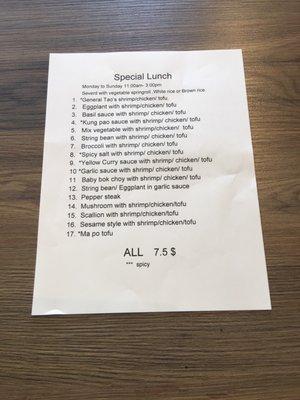 Special lunch menu.Welcome pick up and deliver