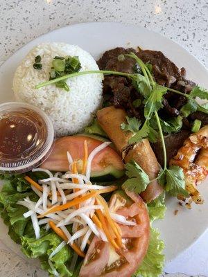 Grilled prawn, beef, and egg roll rice plate