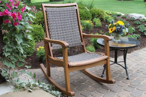 This resin wicker and eucalyptus wood Rocking Chair is made from sustainable, plantation grown Brazilian eucalyptus