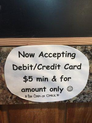 Now accepting credit cards in the restaurant but NOT the bar!!