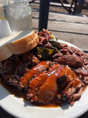 2 meat plate(brisket and pork) sides-beans and rice,collard greens