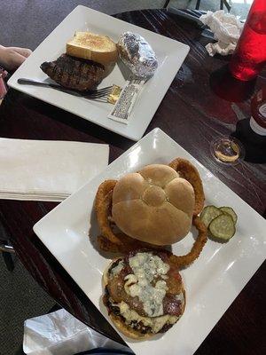 $10 steak dinner, and the Blackened Bleu Burger.