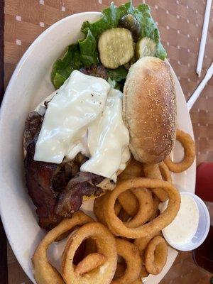 Mannys burger with bacon, onion rings