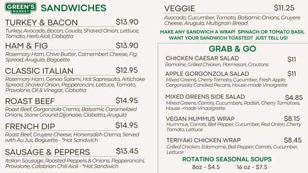 Menu.  Rotating snacks, drinks & market items also available.