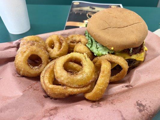 Double meat bacon cheeseburger and onion rings