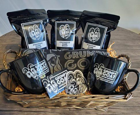 Grumpy Goat Coffee has both full pound bags as well as 6 ounce bags and lots of swag items to make up your gift basket.