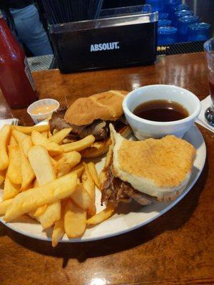 French dip with prime rib, steak fries.