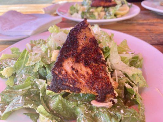 Caesar Salad  with blackened salmon split in half for two