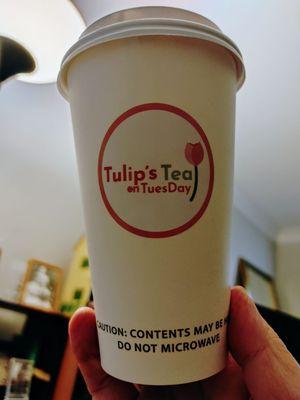 Tulip's Tea on TuesDay cup with logo