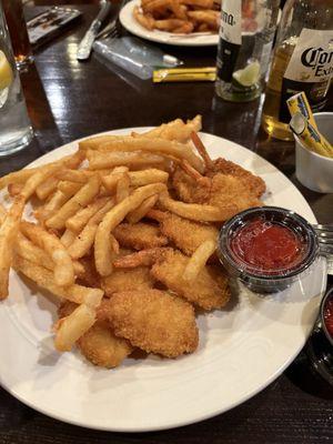 Fried shrimp and beer battered fries