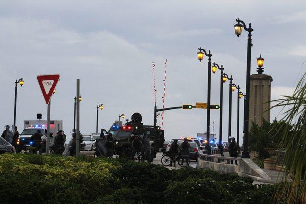 Police lined up on Flagler Memorial Bridge last night.