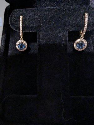 My beautiful blue topaz, diamond, and gold earrings