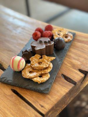 Chocolate board with local chocolates. The Texas truffle was delicious!