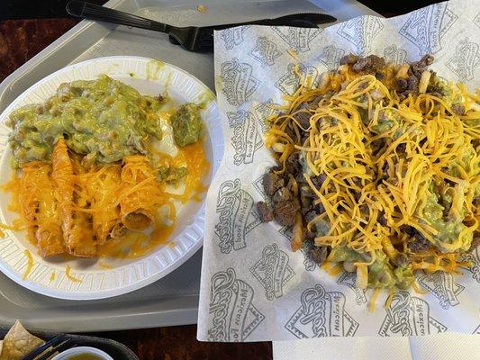 Rolled tacos w/ cheese & guac (left) Carne Asada Fries w/ guac (right)