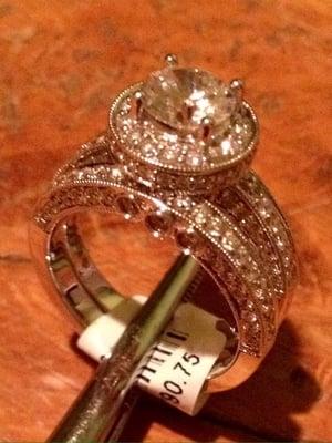 14K white gold vintage style wedding set. Halo engagement ring semi-mount with matching diamond wedding