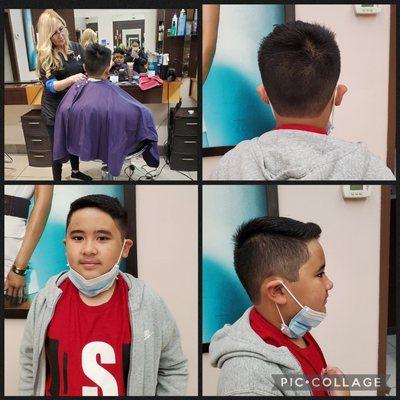 my 10 year old getting his haircut for the 3rd time with Lora. He loves his haircut.