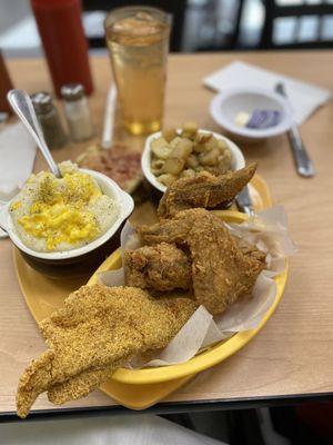 Grits with light Scrambled eggs, English muffins, Country potatoes, Fried chicken wings-2 Pieces and Golden Fried Catfish - 2 Pieces