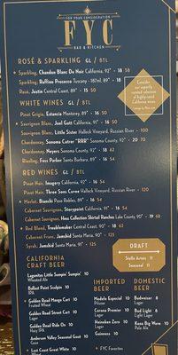 Wine, beer etc menu