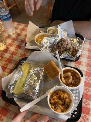 BBQ Sandwich with Sweet Potato Casserole, Brunswick Stew  Across from me is I believe the pulled pork with the Macaroni and potato salad