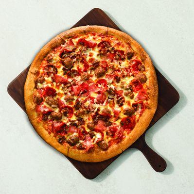 The All Meats:  Calling all meat lovers!  Featuring pepperoni, ham, Italian sausage and bacon on our fresh, hand-tossed dough.