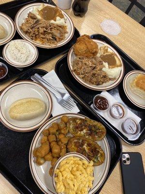 Pulled pork, chicken, potato skins, Mac and cheese, fried okra and mashed potatoes