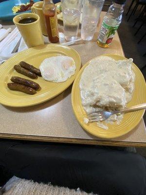 Eggs over medium, biscuits and gravy.